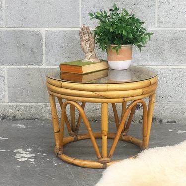 Vintage Rattan Table Retro 1980s Bohemian + Tan Frame + Clear Glass Top + Side Table or Plant Stand + Boho Furniture + Home Decor + Seating 