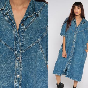 Acid Wash Denim Dress 80s Midi Jean Grunge Vintage 1980s Button Up Dress Blue Short Sleeve Collar Shirtdress Shift 90s Extra Large xl 1x 