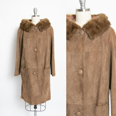 1960s Coat Brown Leather Suede Fur Collar Pea Coat Jacket Small 