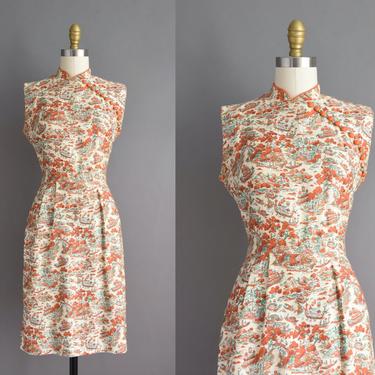 vintage 1950s dress | Unique Orange Japanese Scenic Novelty Print Cheongsam Dress | Small | 50s vintage dress 