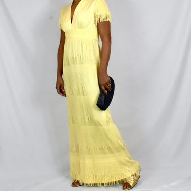 Vintage 1970s Yellow Lace Maxi Dress with Fringe 