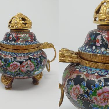 Vintage Chinese Cloisonne Enamel Flower Incense Burner Lidded Pot 5&amp;quot; 