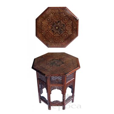 an intricately inlaid anglo indian octagonal side/traveling table with brass and copper inlay