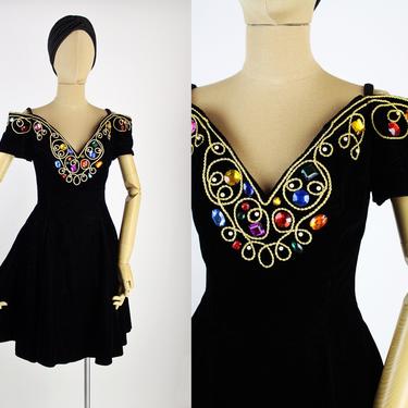 80s Black Velvet Rhinestone Dress / Vintage Party Dress / Rainbow Sequins / Size XS-S 