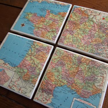 1954 France Vintage Map Coasters - Ceramic Tile Set of 4 - Repurposed 1950s Hammond Atlas - Handmade - Paris Bordeaux Marseille - French 