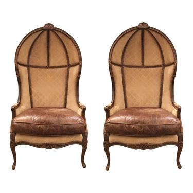 French Vintage Leather and Suede Ballon Porter Chairs - a Pair