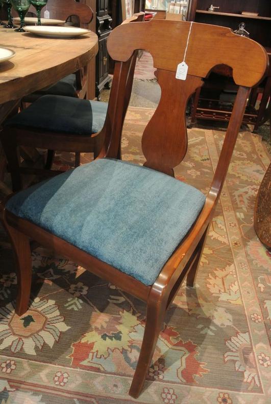 Cherry dining chairs with blue upholstery. Set of six. $90/each.