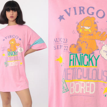 Garfield Pajama Dress VIRGO Night Shirt Sleep Dress Kawaii Cartoon Pink Tshirt Comic Cat 80s Astrology Zodiac 90s Small Medium Large 