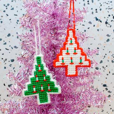 Vintage 1970s Christmas Tree Ornaments - Handmade 3D Tree Ornament Cross Stitch Holiday Decoration Christmas Decor - Set/3 