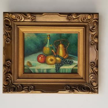 1970's Vintage Still Life Fruit and Pitcher Oil on Canvas Painting 