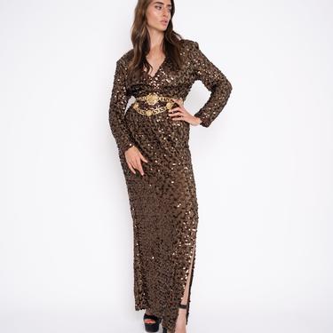 70’s Vintage Sequin Dress, long Sequin gown, empire waist slit long sleeves, chocolate brown dress, floor length embellished gown s 