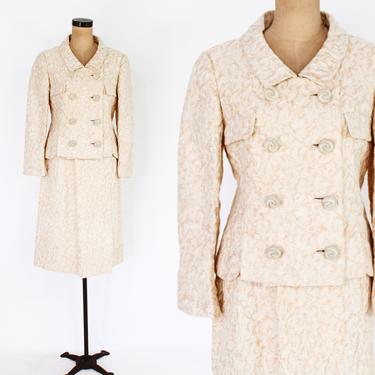 1960s Beige Double Breasted Brocade Suit | 60s Beige & Creme Silk Brocade Suit | Jackie O style | Seymour Fox | Medium 