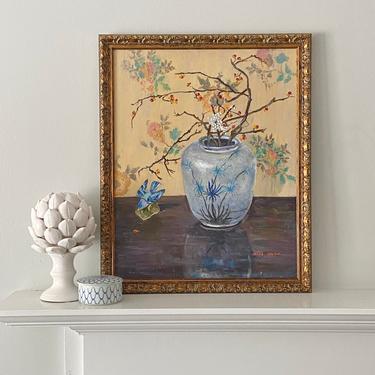 Vintage Asian Oil Painting Large Signed Still Life Cherry Blossoms Vase Chinoiserie Artwork 