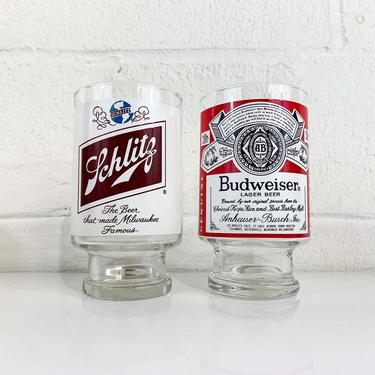 Vintage Large Beer Glasses Budweiser Schlitz Happy Hour Bar Barware Glass Glassware Home Decor Father's Day Man Cave Pair Set of 2 