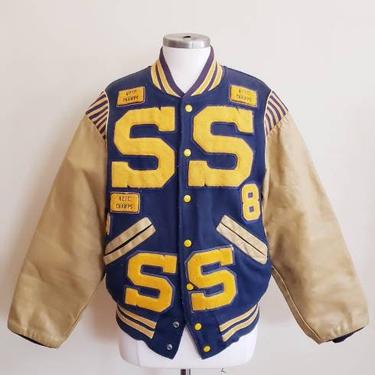 1980s Leather Wool Varsity Jacket Sterling IL /80s NCIC Championship Beige Blue Yellow High School Athletics Sports Bomber Letterman Jacket 