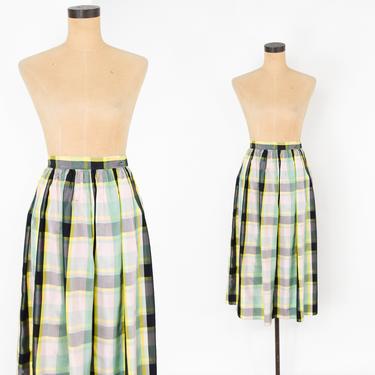 50s Plaid Taffeta Skirt | Green Pink Black Taffeta Party Skirt | Small 