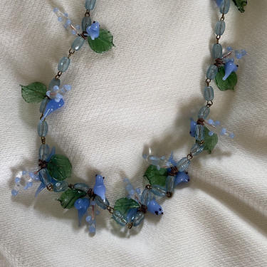 vintage Murano glass necklace / vintage sky blue Venetian murano glass garden fruit baby blue bird cluster hand blown glass choker necklace 