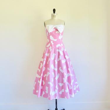 Vintage 1980's does 1950's Style Pink and White Cotton Strapless Fit and Flare Dress Rockabilly Spring Garden Party Neiman Marcus Med 