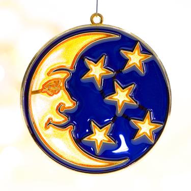 VINTAGE: 1980s - Retro Metal and Glittered Resin Moon and Stars Ornament - Faux Stain Glass - Light Sun Catchers - SKU 15-E2-00017358 