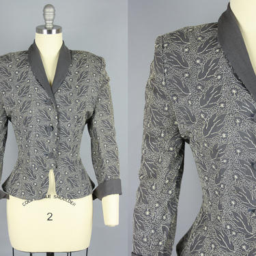 1950s LINEN BLAZER | Vintage 40s 50s Grey Jacket with Cream Embroidery | small 