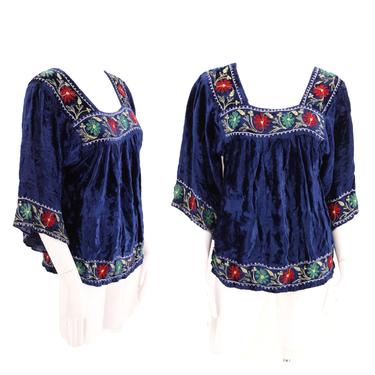 70s crushed velvet Peasant Blouse sz S-M / vintage 1970s navy embroidered loose and draped floral folk festival top 