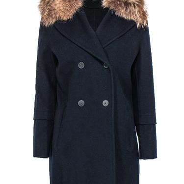 Vince - Navy Wool Trench Coat w/ Cayote Fur Collar Sz S