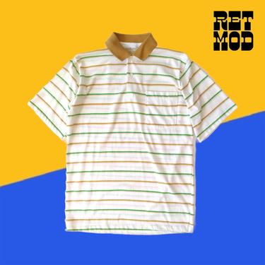 Vintage 70s White Green Beige Stripe Men's Polo Shirt 