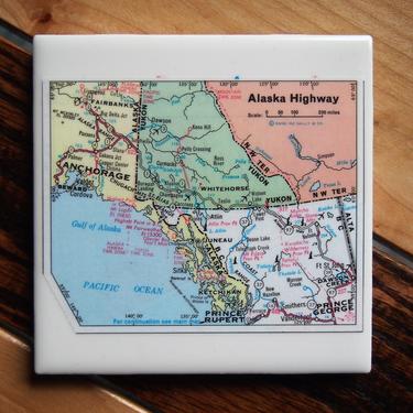 1975 Alaska Highway Map Coaster. Ceramic. Gulf of Alaska Map. Fairbanks. Juneau Map. Coast Alaska Travel Gift. Vintage Map Transportation AK 