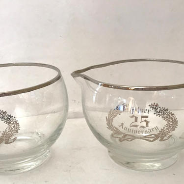 Lovely 25th Anniversary Sugar Bowl and Creamer Silver Trim- Clear Glass 