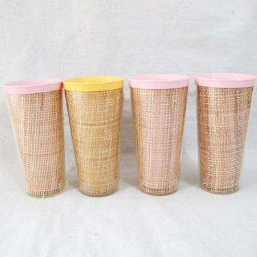 Vintage 60s Tiki Cups set of 4 - Plastic Rattan Tall Tiki Drink Glasses - Mid Century Barware - Pink Orange Plastic Pool Tumblers 