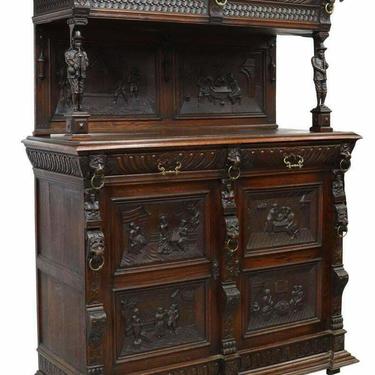 Antique Cupboard, Cabinet, Sideboard Flemish Carved Oak Tavern Scenes, 1800s!!