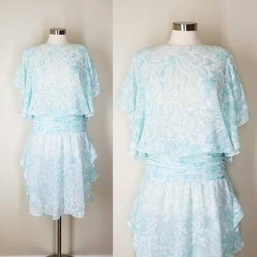Vintage 80s Gauzy Cotton Blouson Dress, Medium / Dropped Waist Butterfly Dress / Pale Blue Floral Dress / 1980s Angel Sleeve Midi Dress 