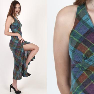 Vintage 70s Disco Plaid Dress / Womens Comfortable Cocktail Lounge Outfit / Long Empire Waist Jersey High Slits Maxi Dress 