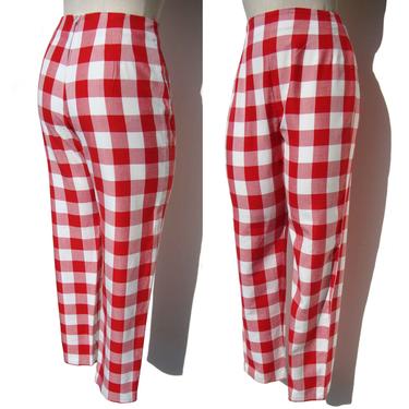 Vintage 60s Cigarette Pants Red White Plaid High Waist Trousers S 