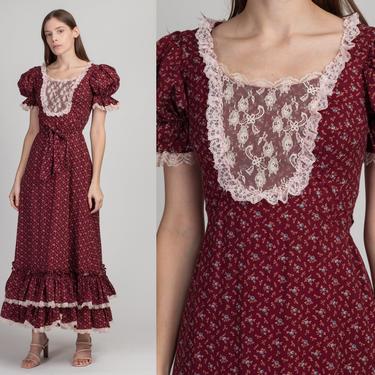 70s Loralie Original Floral Prairie Puff Sleeve Maxi Dress - Extra Small | Vintage Red White Lace Trim Empire Waist Hippie Gown 