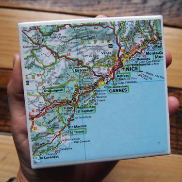 2002 French Riviera Map Coaster - Ceramic Tile - Repurposed 2000s Michelin Atlas - Handmade - St Tropez Cannes Nice - DISCOUNTED 