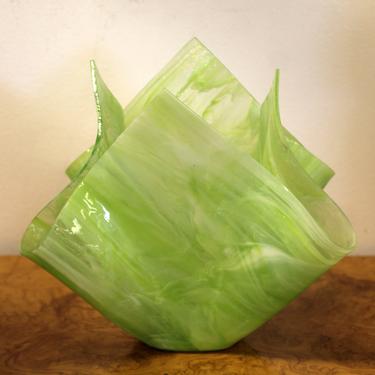 Contemporary Modern Signed Studio Art Green Glass Handkerchief Vase Sculpture 