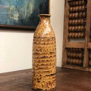Vintage MOC Made in Japan Ceramic Bud Vase Flower Arrangement Holder Artistic Natural Glazed Clay Decor Striped Striated Earth Tones Brown 