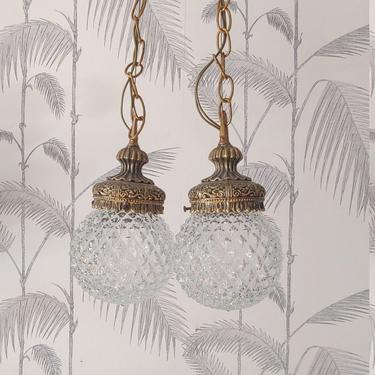 Vintage Pendant Light, Brass,  2 Glass Diamond Globes, Prysm Light Effect, Kichler, made in U.S.A., 1967 