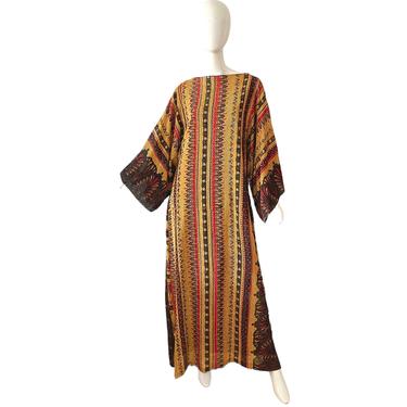 70s Gold Metallic Caftan Dress / Vintage Kimono Caftan / 1970s Lurex Dress Maxi OS 