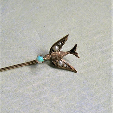 Antique 10K Gold Stick Pin With Bird, Seed Pearls and Opal Gold Stick Pin With Bird, Antique 10K Gold Stickpin, Old Bird Stickpin (#3733) 