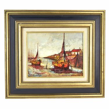 Vintage Midcentury Modern Abstract Oil Painting Boats in Harbor sgd A. Fouquet 