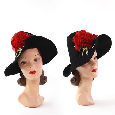 RESERVED | 1930s Tilt Fedora - 1930s Black Fedora - 1930s Womens Fedora - 1930s Rose Hat - 30s Tilt Hat - 1930s Womens Hat - Black Tilt Hat 