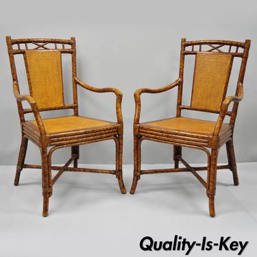 Bamboo Rattan Cane Faux Tortoise Shell Finish Armchairs Chinese Chippendale Pair