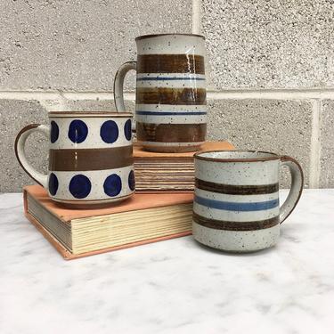 Vintage Mug Set Retro 1970s Stoneware + Ceramic + Pottery + Taupe + Brown + Blue + Speckled + Set of 3 + Drinkware + Home and Kitchen Decor 
