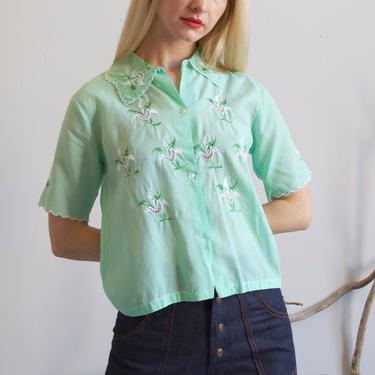 60s 70s embroidered mint short sleeve shirt / sz XS S 