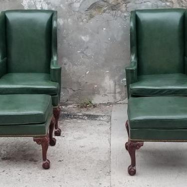 Hancock & Moore Chippendale Style Wingback Chairs and Ottomans in Deep Green Aged Luxe Calf Leather - Pair
