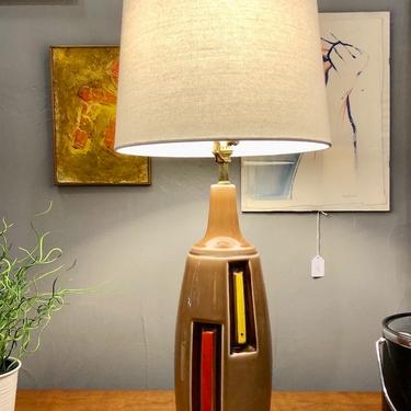 Vintage Tan Ceramic Table Lamp w/ orange &amp; yellow blocks