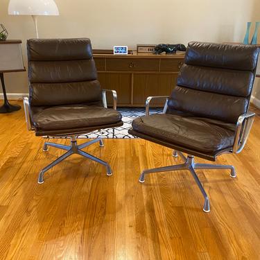 Pair of Vintage Herman Miller Eames Soft Pad Lounge Chairs Brown Leather 