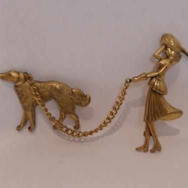 Vintage 1948 Katz CORO Gold Tone Woman Walking Dog Figural Chatelaine Pin/Brooch 